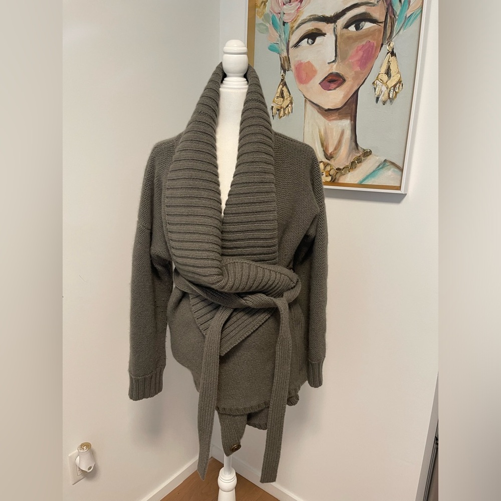 Vintage Ralph Lauren RLX wrap wool/angora olive sweater w/ snap closures & belt
